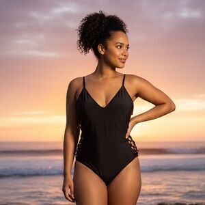Aerie Sz XL Black Side Crisscross One Piece Swimsuit